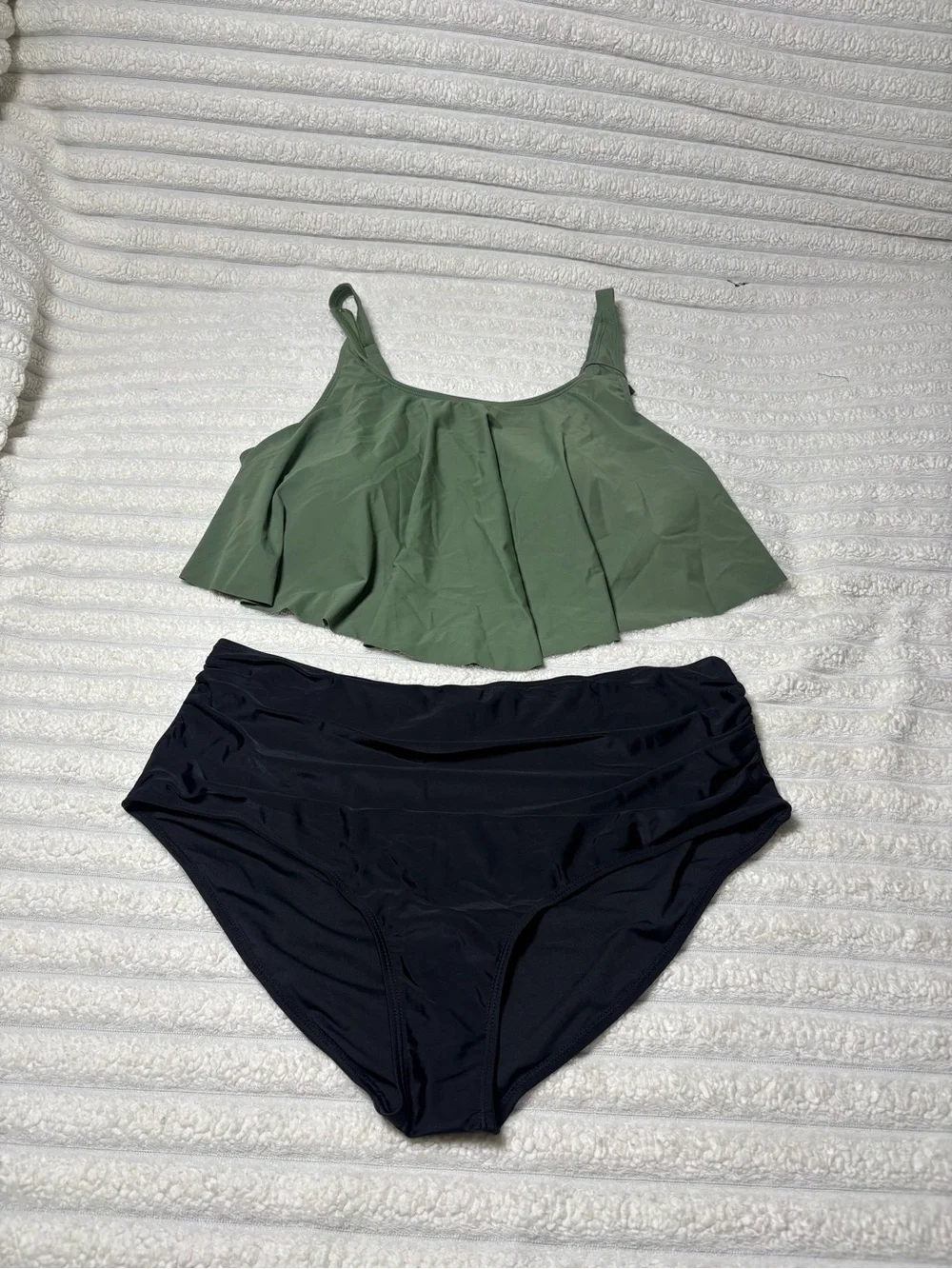 Plus Size Olive Green Flounce Tankini Top with Black High Waist Bikini Bottoms